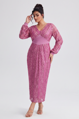 Curveins Plus Size V-Neck Sequin Balloon Sleeve Back-Slit Elegant Evening Maxi Dress