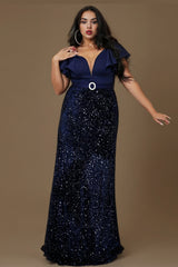 Curveins Plus Size Elegant V Neck Sequin Panel Waist Shaping Sparkle Evening Maxi Dress