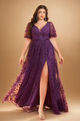 Curveins Plus Size Floral Embroidery V-Neck Puff Sleeve Side-Slit Maxi Dress