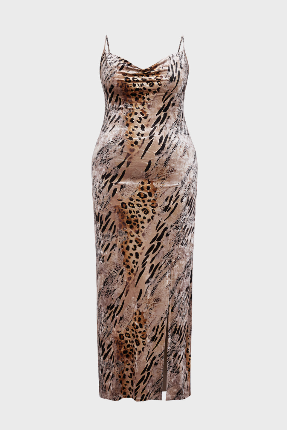 Curveins Plus Size Leopard Print Velvet Cami Slit Elegant Maxi Dress