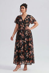 Curveins Plus Size V Neck Batwing Sleeve Floral Print Flowing Maxi Dress