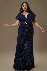 Curveins Plus Size Elegant V Neck Sequin Panel Waist Shaping Sparkle Evening Maxi Dress