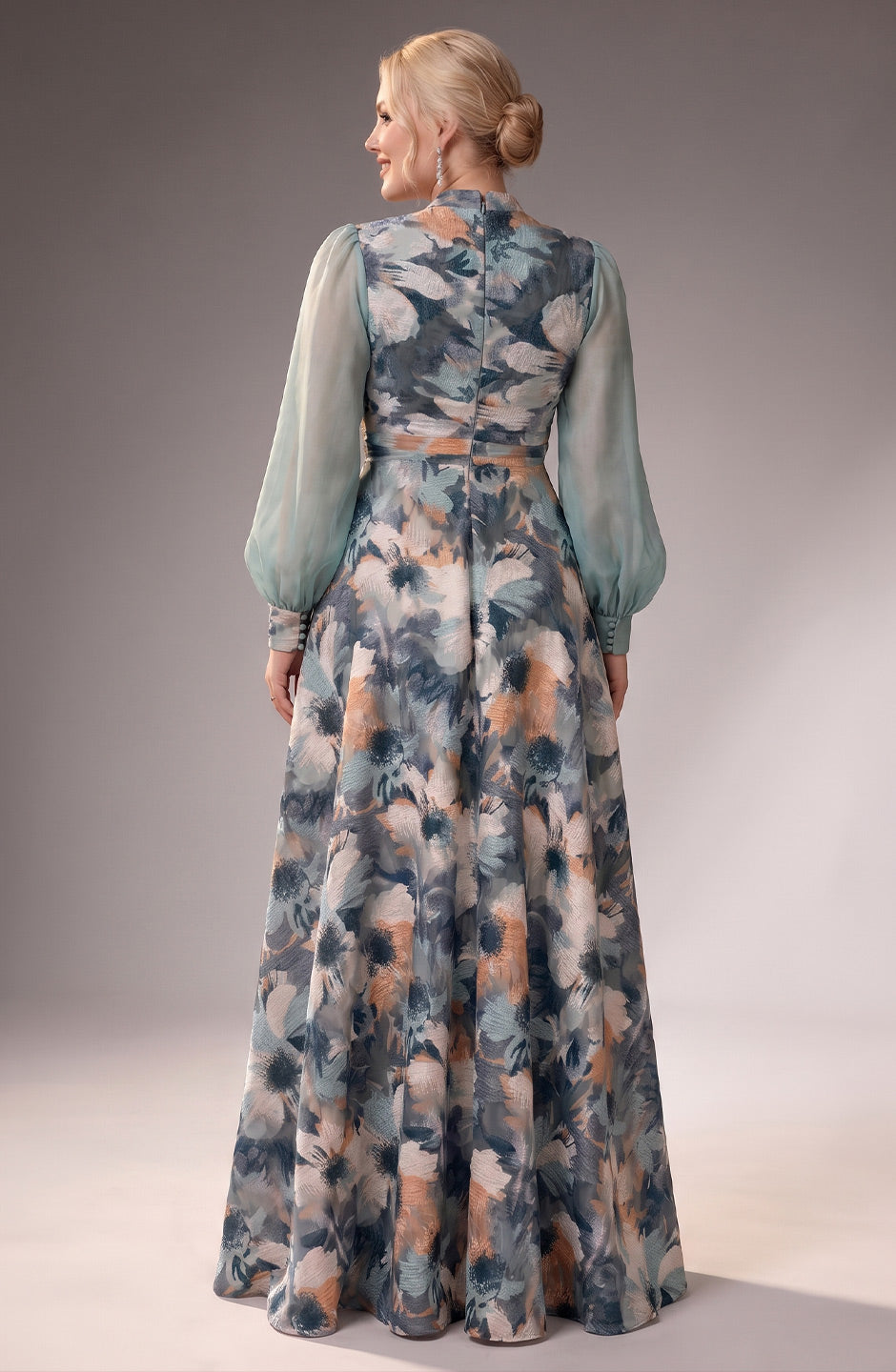 Curveins Plus Size Floral V Neck Long Sleeve Waist Ruched Flowing Maxi Dress
