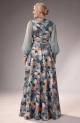 Curveins Plus Size Floral V Neck Long Sleeve Waist Ruched Flowing Maxi Dress