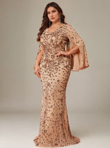 Curveins Plus Size V-Neck Long Sleeves Sequin Floral Bodycon Maxi Dress