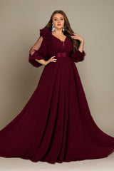 Curveins Plus Size Elegant V-Neck Batwing Sleeve Waist-Hugging Long Dress