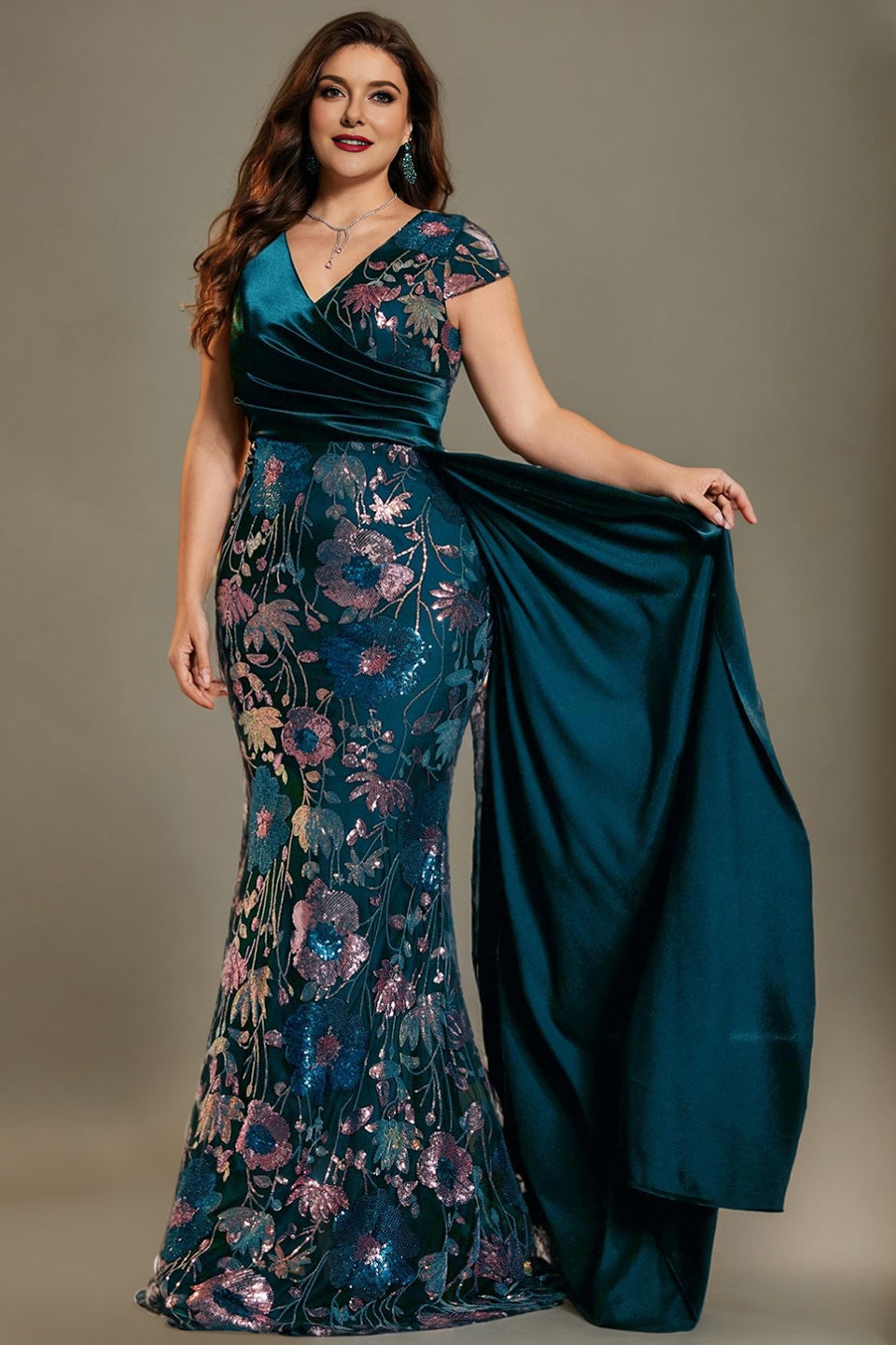 Curveins Plus Size Sparkling Sequin V-Neck Curve-Hugging Maxi Dress