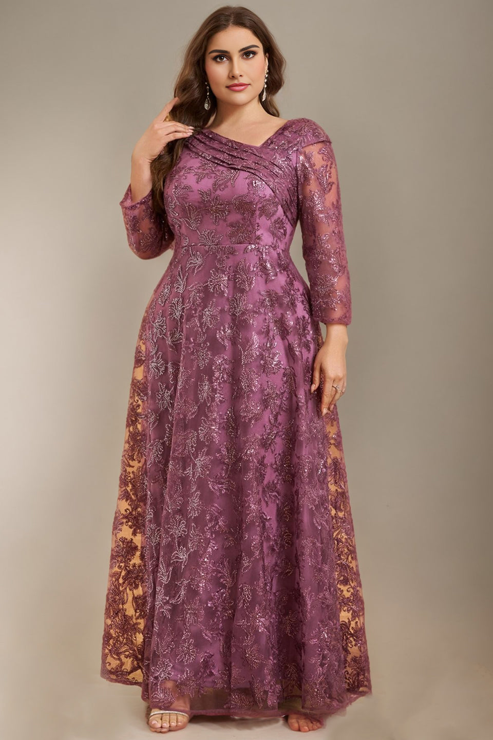 Curveins Plus Size V-Neck Long Sleeve Floral Embroidered Sequin Maxi Dress