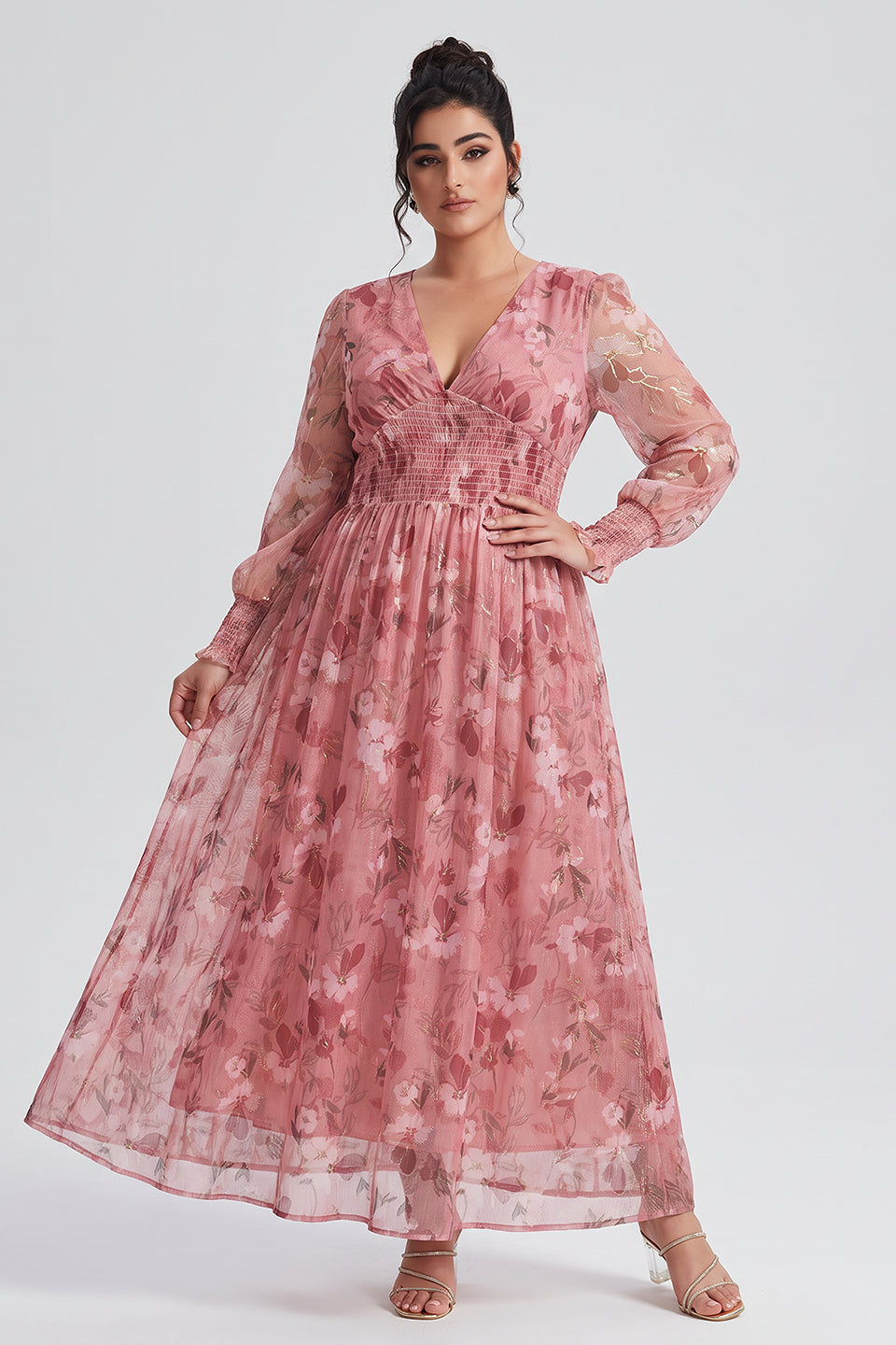 Curveins Plus Size V Neck Long Sleeve Floral Cinched Waist Maxi Dress