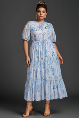 Curveins Plus Size Round Neck Floral Wrap Waist Tiered Maxi Dress