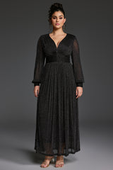 Curveins Plus Size V-Neck Lantern Sleeve Slit Hem Maxi Dress