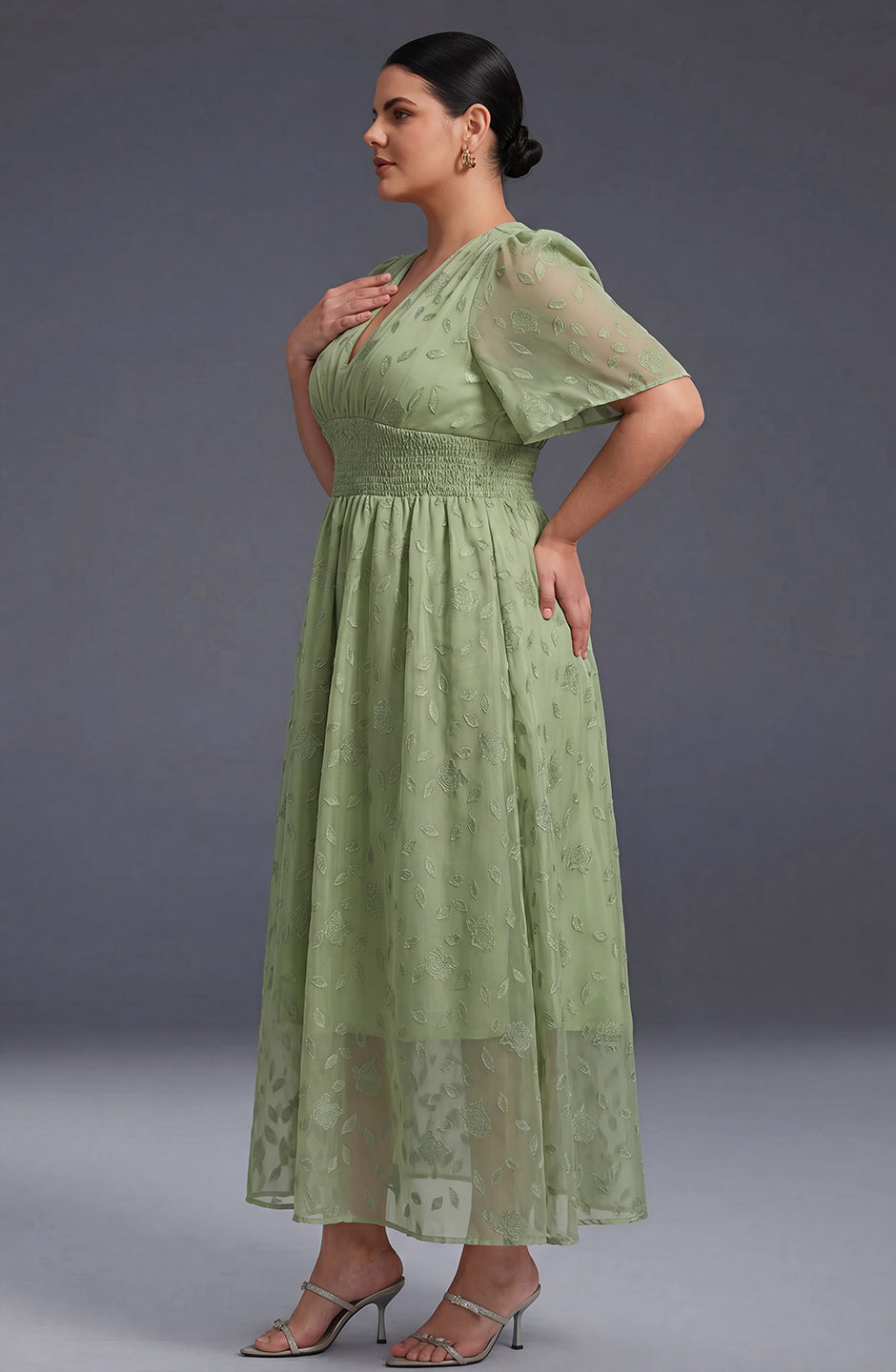 Curveins Plus Size V-Neck High-Waist Pleated Maxi Dress