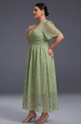 Curveins Plus Size V-Neck High-Waist Pleated Maxi Dress