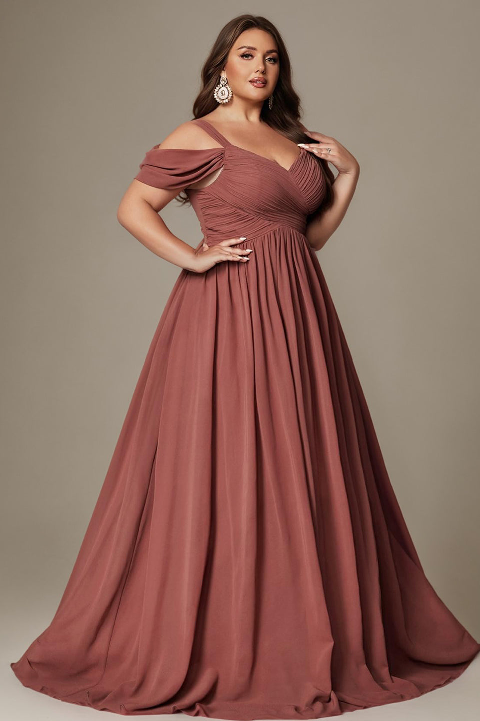 Curveins Plus Size Sleeveless V Neck Ruched Waist Flowing Elegant Maxi Dress