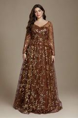 Curveins Plus Size Elegant V-Neck Sequin Floral Long-Sleeve Fitted Maxi Dress