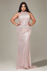 Curveins Plus Size Halter Neck Sleeveless Sequin Bodycon Maxi Dress