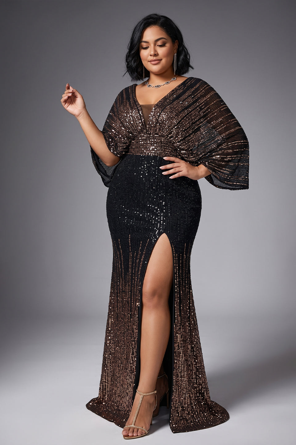 Curveins Plus Size V-Neck Sequin Sparkle High-Slit Slimming Maxi Dress