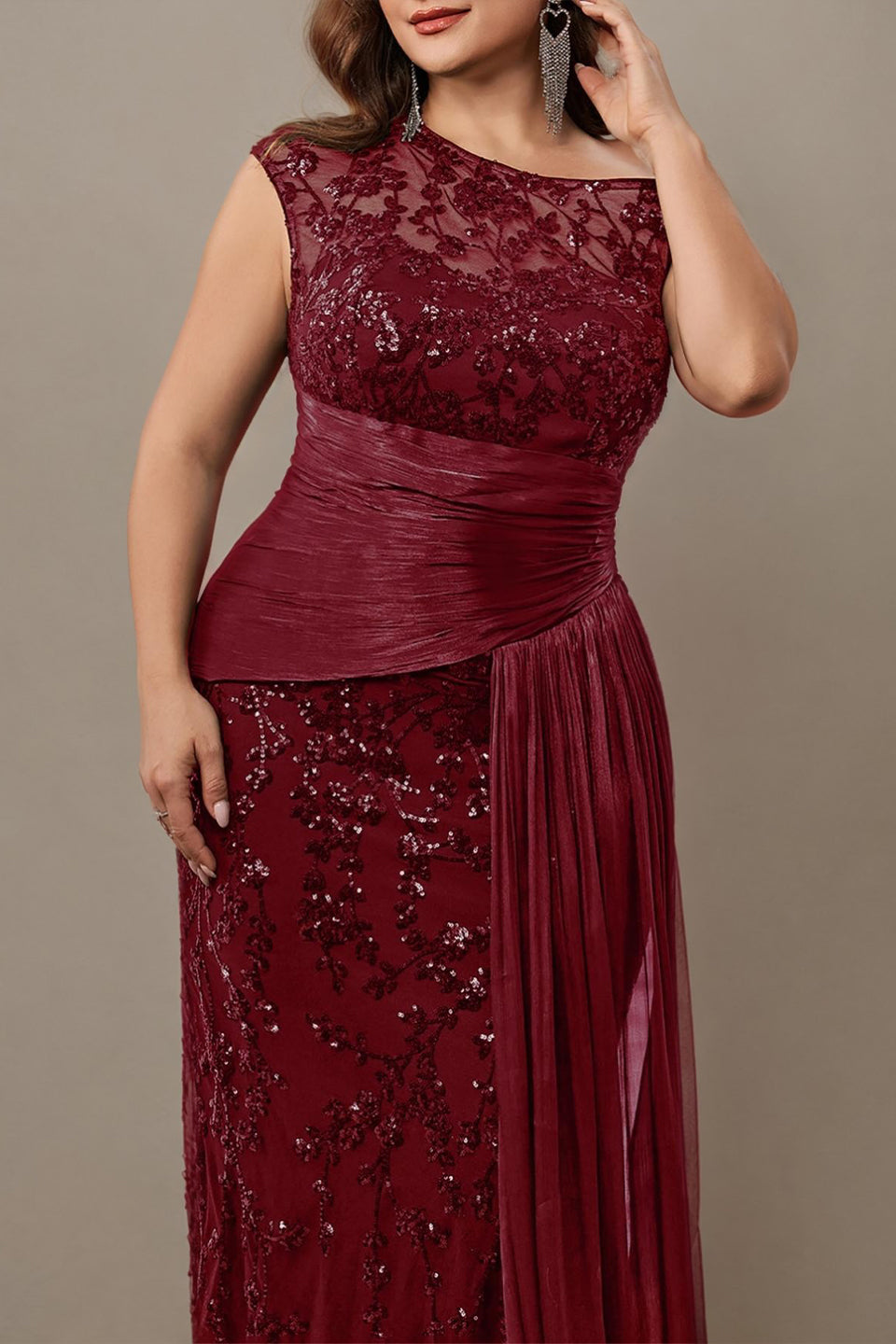 Curveins Plus Size One Shoulder Sleeveless Embroidered Sequin Patchwork Bodycon Maxi Dress
