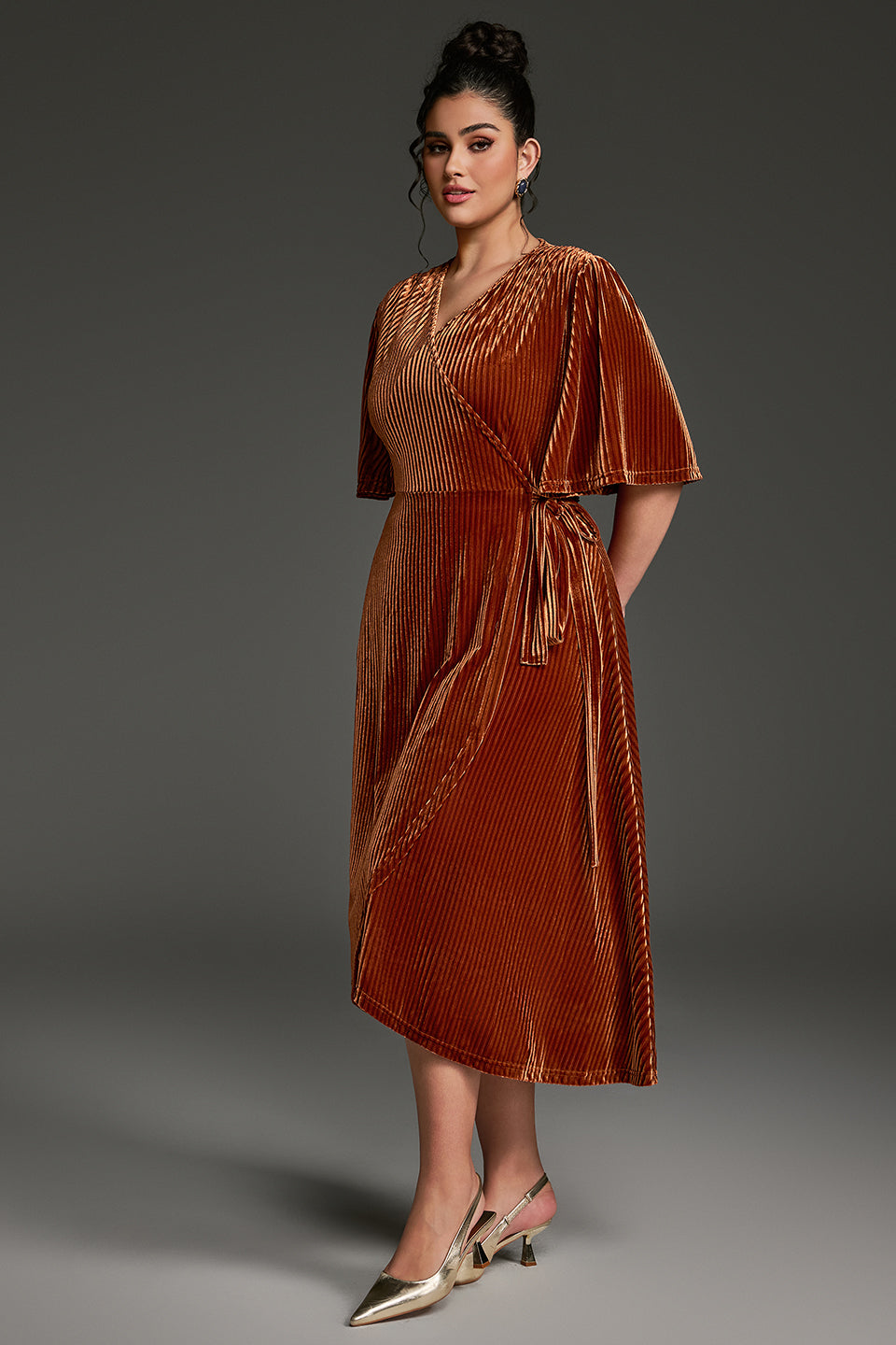 Curveins Plus Size Wrap V-Neck Belted Asymmetrical Hem Midi Dress