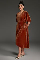 Curveins Plus Size Wrap V-Neck Belted Asymmetrical Hem Midi Dress