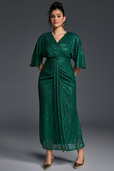 Curveins Plus Size Solid Color V-Neck High Waist Sequin Maxi Dress