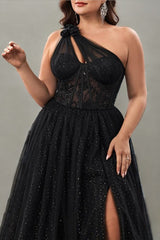 Curveins Plus Size One-Shoulder Waist-Defined Slit Back Cutout Maxi Dress