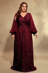 Curveins Plus Size Sequin V Neck Lantern Sleeve Maxi Dress