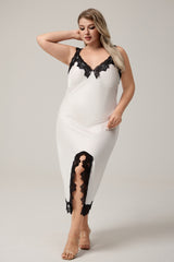 Curveins Plus Size Lace Strap Side-Slit Cami Nightdress with Lace Trim, Elegant Flirty Sleepwear