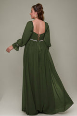 Curveins Plus Size Square Neck Long Sleeve Maxi Dress with Ruched Waist