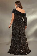 Curveins Plus Size Asymmetric Sleeve Sequin Evening Dress with High Side Slit
