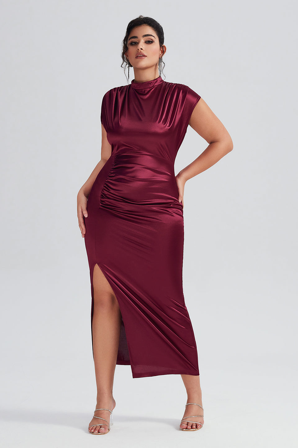 Curveins Plus Size Satin High-Waisted Ruched Slit Maxi Dress