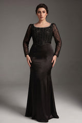 Curveins Plus Size Round Neck Long Sleeve Patchwork Ruched Waist Bodycon Maxi Dress