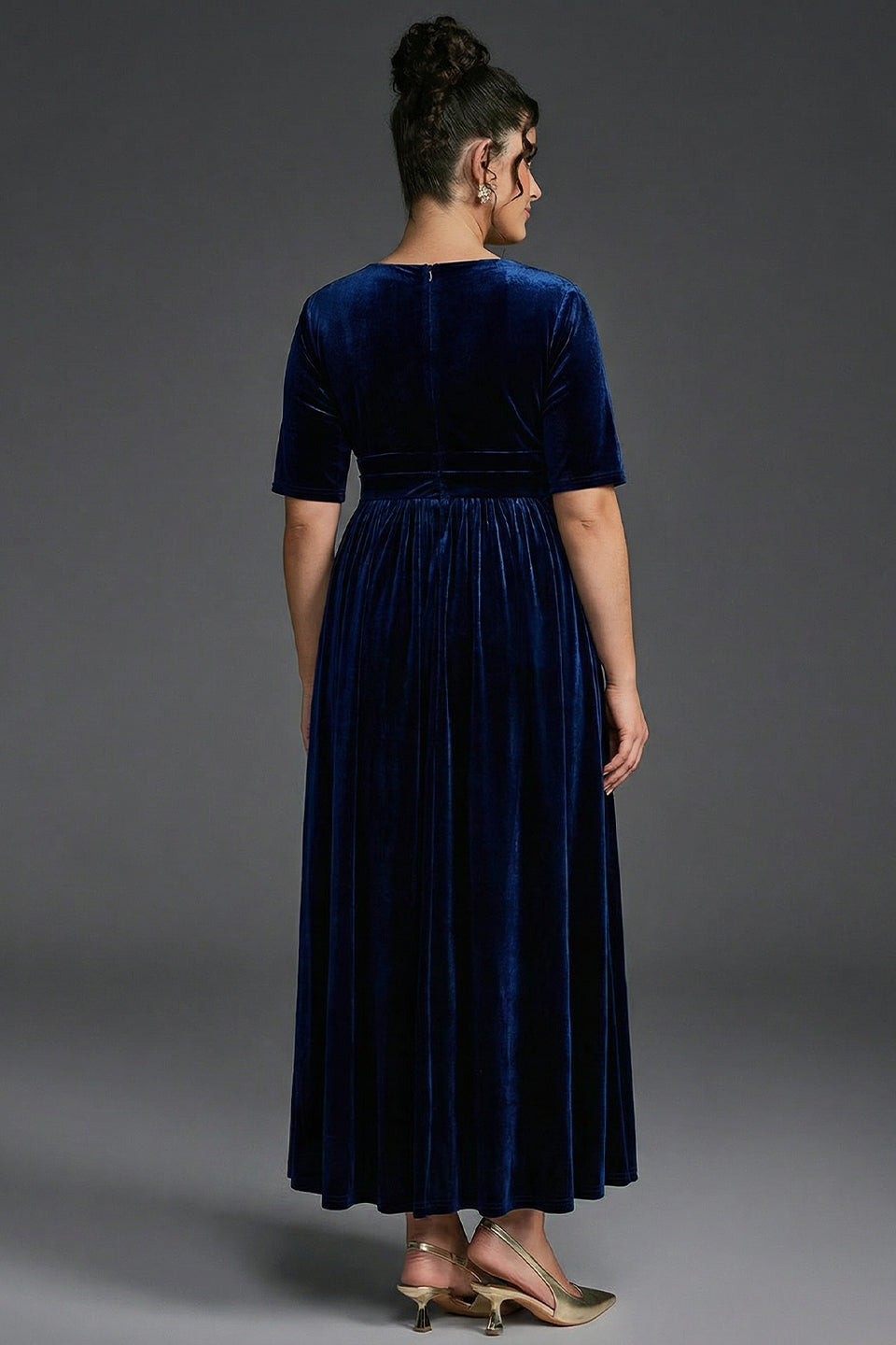 Curveins Plus Size V-Neck Sequin Bust Velvet Waist-Defined Maxi Dress