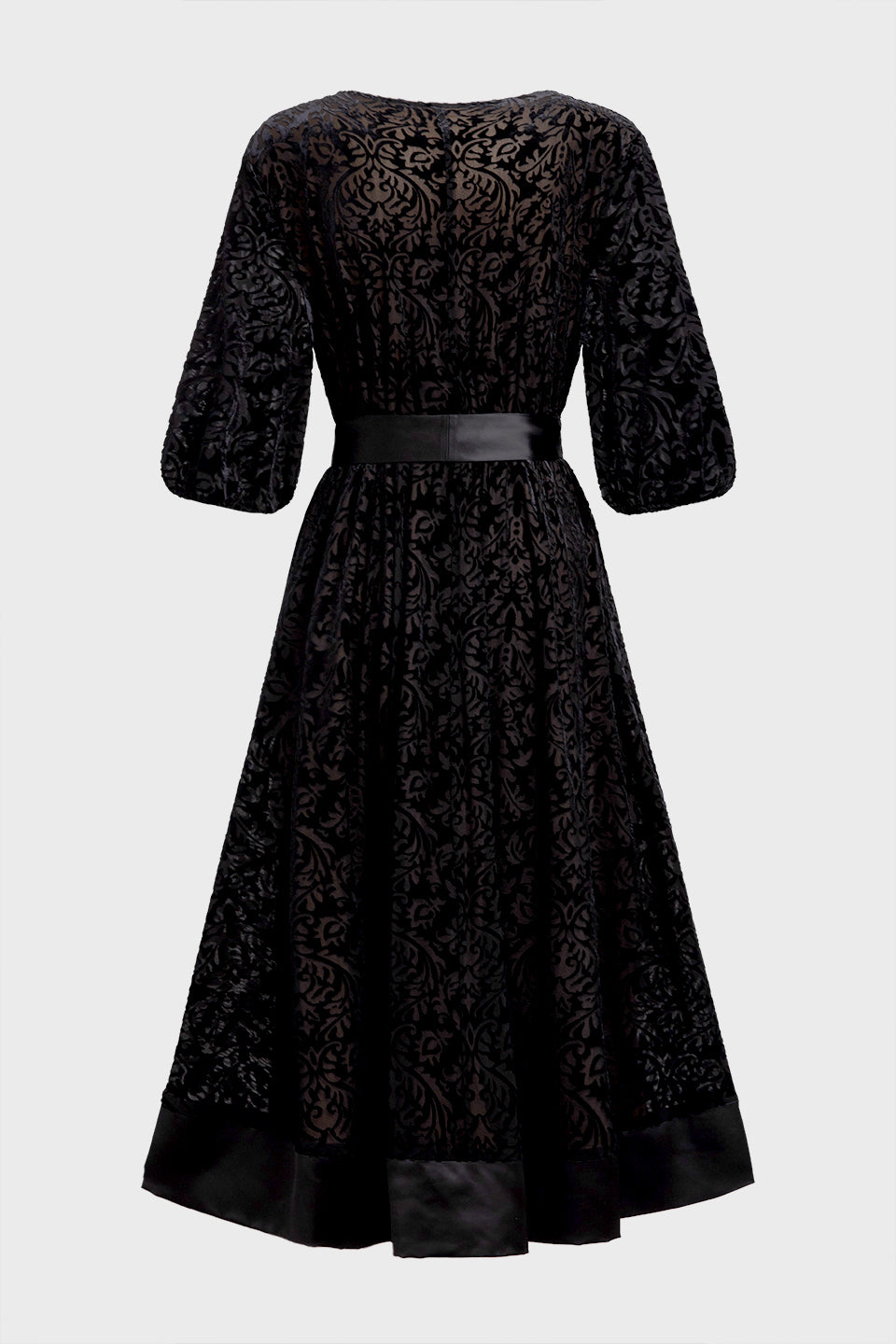 Curveins Plus Size Round Neck Floral Embroidery Belted Velvet Midi Dress