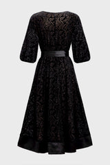 Curveins Plus Size Round Neck Floral Embroidery Belted Velvet Midi Dress
