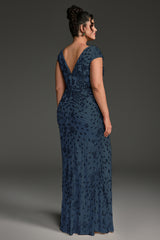 Curveins Plus Size One-Shoulder Side Slit and Waist Cinch Maxi Dress