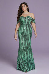 Curveins Plus Size Off-Shoulder Bodycon Sequin Maxi Dress with Textured Detailing