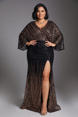 Curveins Plus Size V-Neck Sequin Sparkle High-Slit Slimming Maxi Dress