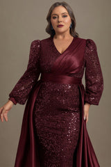 Curveins Plus Size Luxury Satin-Cape V-Neck Sequin Panel Long Sleeve Maxi Dress
