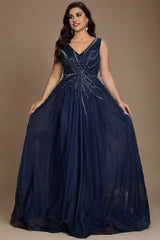 Curveins Elegant Plus Size V-Neck Sleeveless Glitter Pleated Evening Gown
