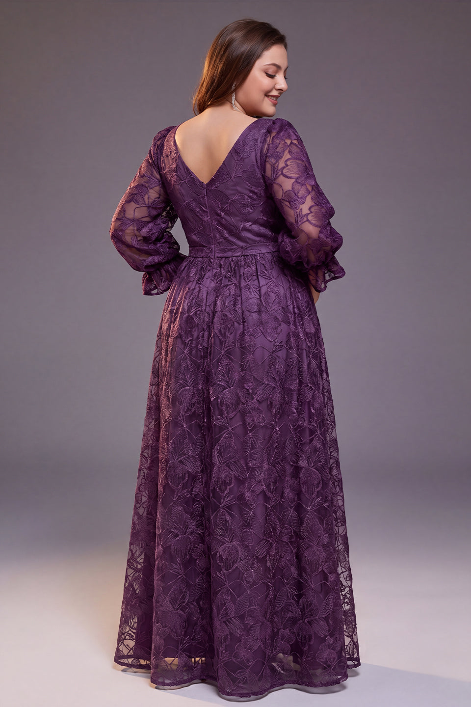 Curveins Plus Size Floral V Neck Long Sleeve Split Elegant Flowy Feminine Maxi Dress