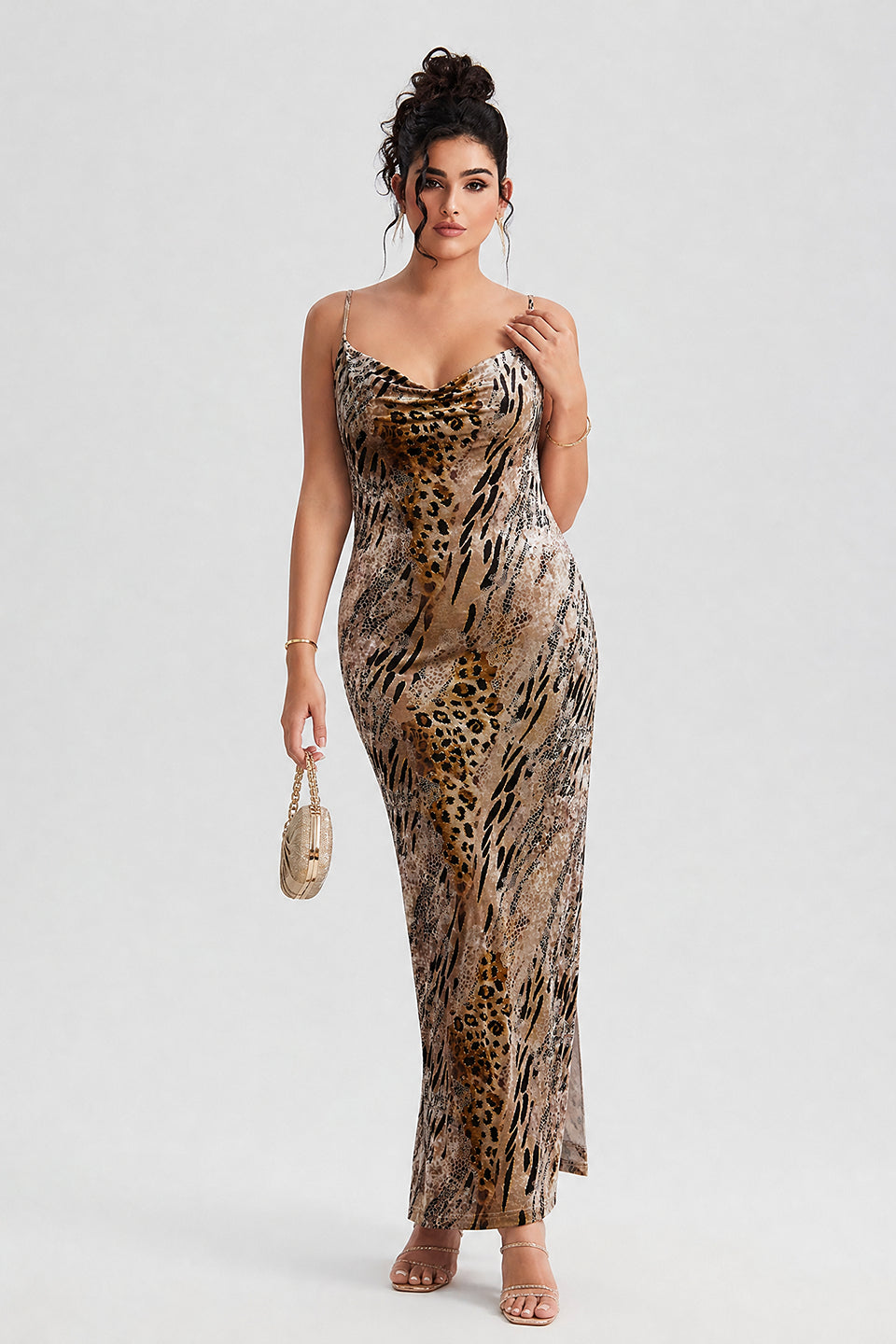 Curveins Plus Size Leopard Print Velvet Cami Slit Elegant Maxi Dress