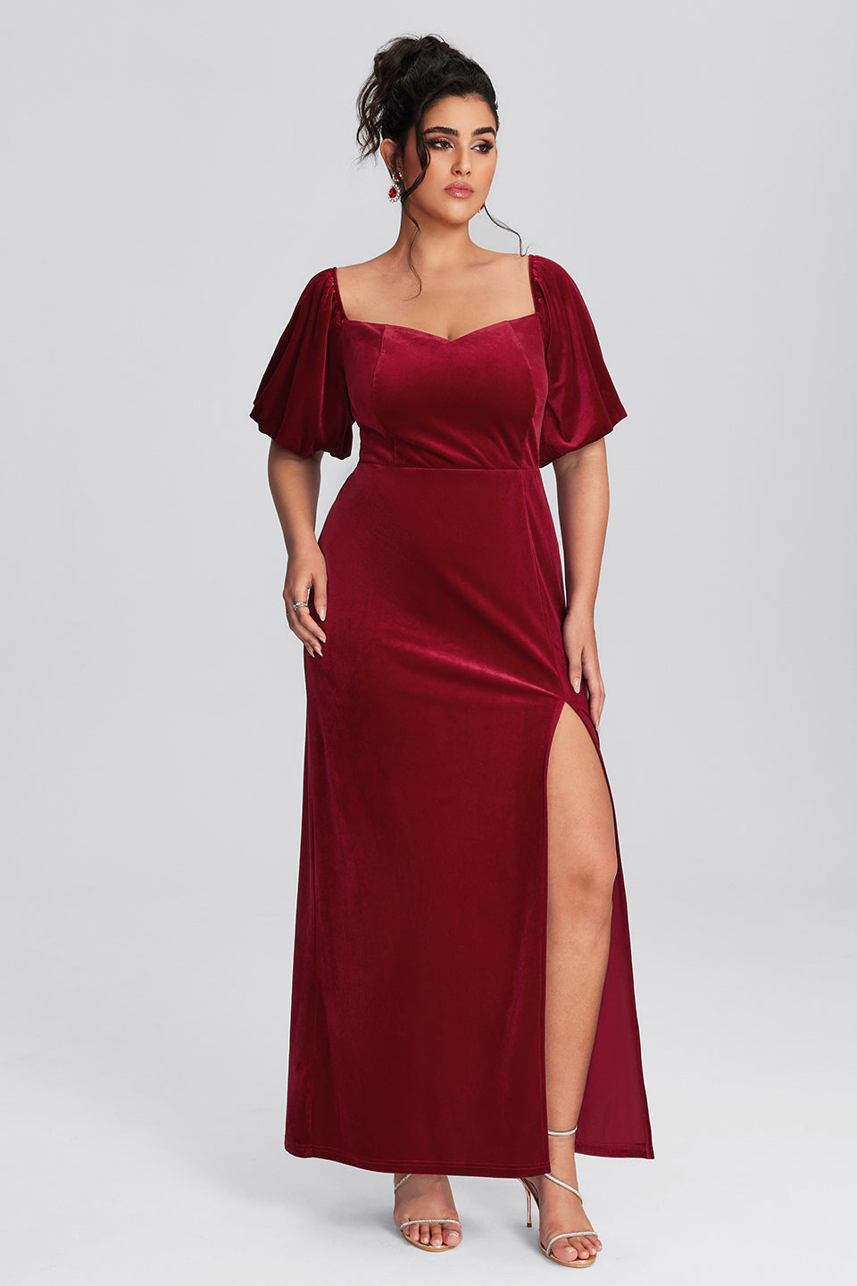 Curveins Plus Size Velvet V-Neck Elegant Maxi Dress