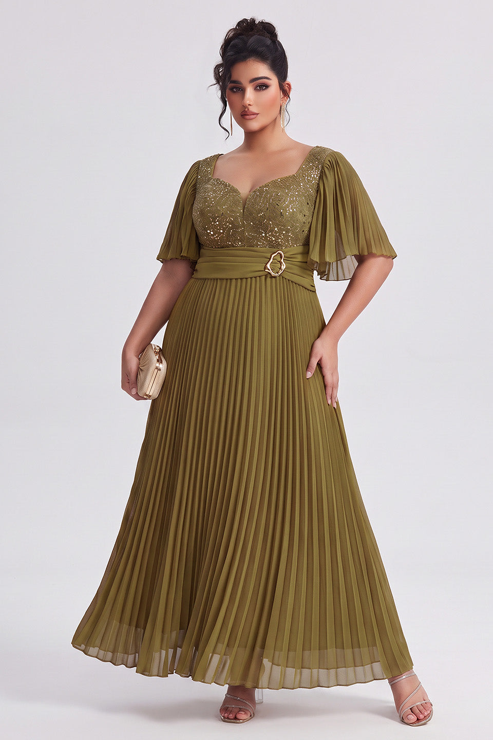 Curveins Plus Size Batwing Sleeve Sequin Panelled Ruched Waist Elegant Maxi Dress