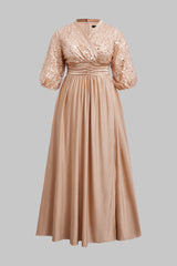 Curveins Plus Size Elegant V-Neck Sequin Panel Dress