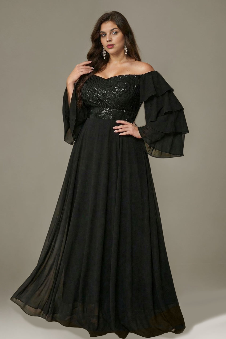 Curveins Plus Size Off Shoulder V Neck Long Sleeve Sequin Patchwork Maxi Dress