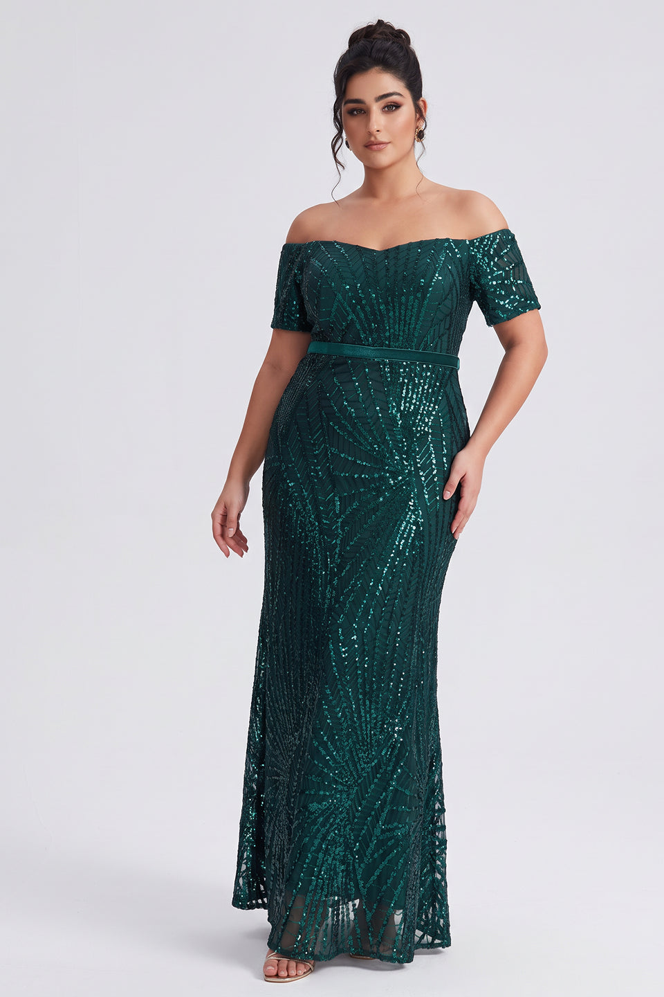 Curveins Plus Size Off Shoulder Striped Sequin Cinched Waist Evening Maxi Dress