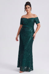 Curveins Plus Size Off Shoulder Striped Sequin Cinched Waist Evening Maxi Dress