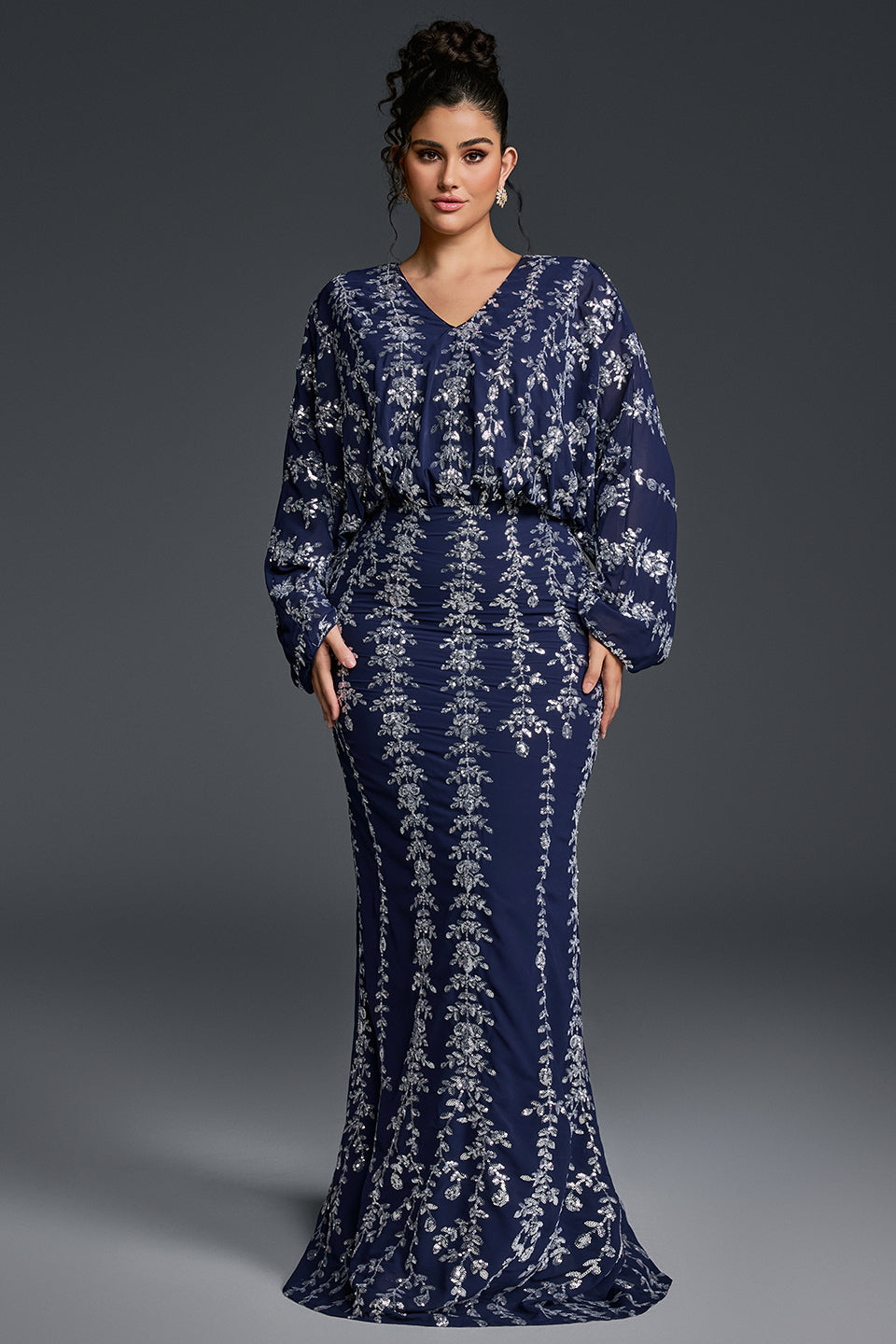 Curveins Plus Size V-Neck Vertical Sequin Bodycon Maxi Dress Elegant Evening Wear