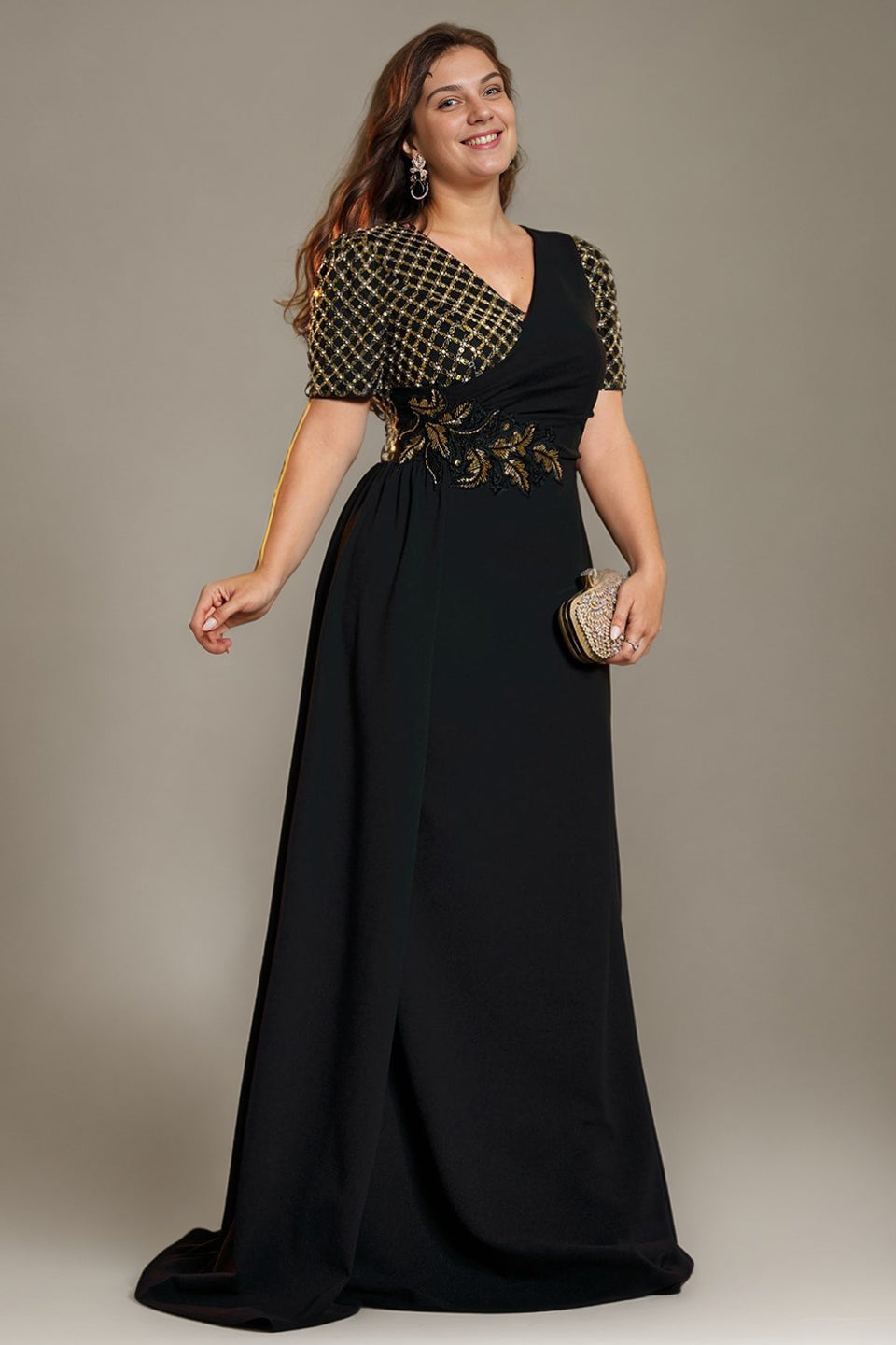 Curveins Elegant Plus Size Spliced V-Neck Floral Waistline Long Dress